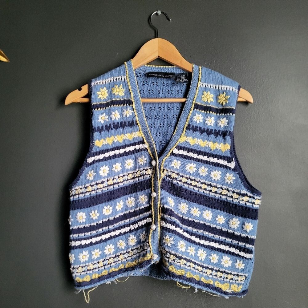 Vintage Eagle's Eye Novelty Daisy Embroidered Blue Yellow Sweater Vest Ramie M